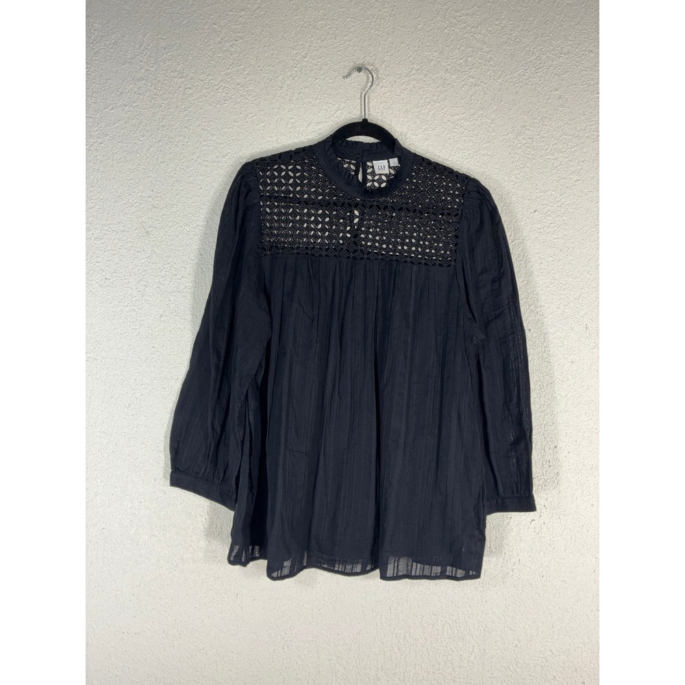 Gap‎ Black Cotton Gauze Eyelet Lace Yoke Ruffle Neck Blouse Tall Large